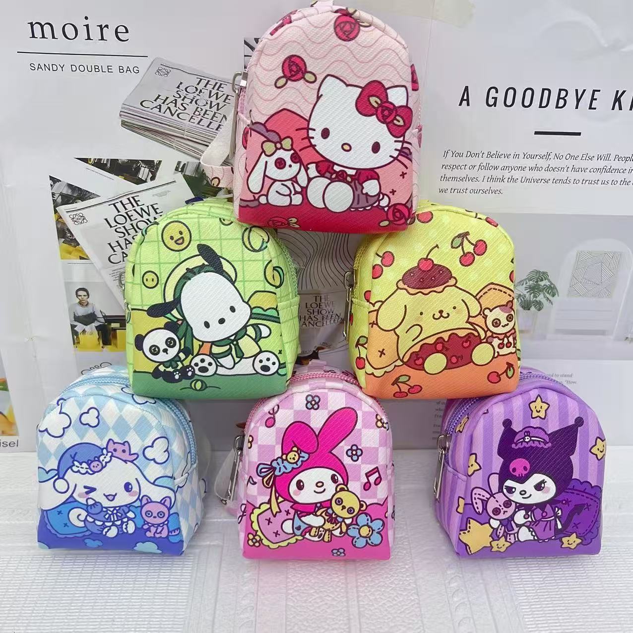 New Kuromi and My Melody mini backpack for children with hanging buckle, coin purse, and Cinnamoroll earphone storage bag