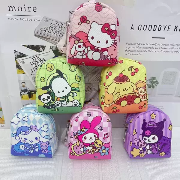New Kuromi and My Melody mini backpack for children with hanging buckle, coin purse, and Cinnamoroll earphone storage bag