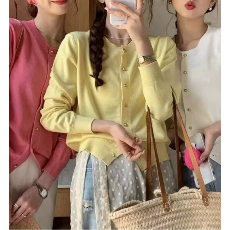 Новые весенне-осенние топы и жакеты 2025: женские вязаные кардиганы в корейском стиле, омолаживающие, однотонные, с длинным рукавом и круглым вырезом