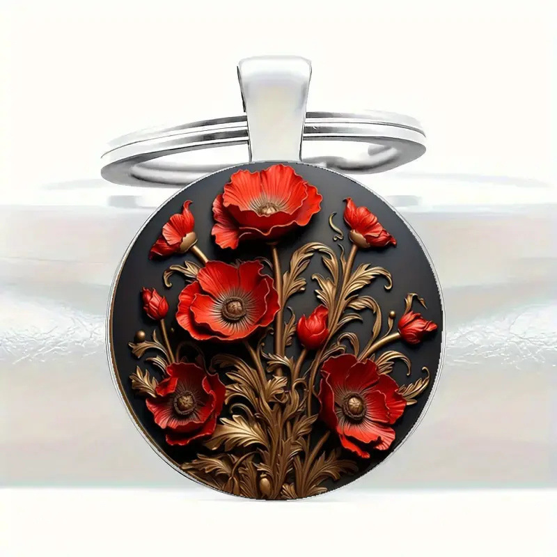 Vintage Alloy Key Ring with Red Poppy Flower Design - Sturdy Round Keychain for Durable