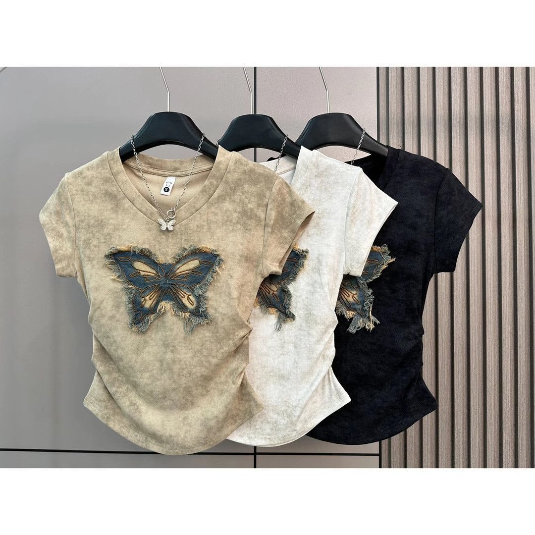 2024 camiseta de manga corta de verano mujer mariposa bordado parche de mezclilla diseño teñido anudado cintura chaqueta corta única image 9