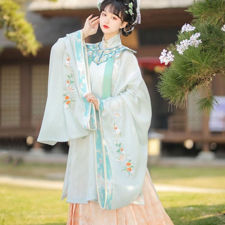 New Ming style hanfu women's cross collar stand collar long coat embroidered cloud shoulder ancient costume suit waist elegant fairy Hanfu