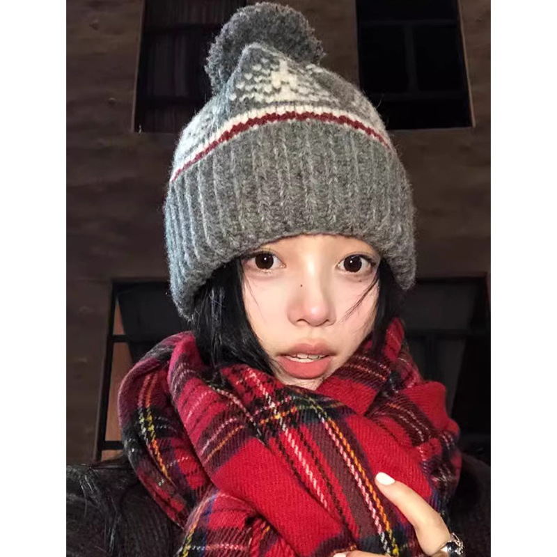 フェア島風毛糸帽子女子秋冬レトロ百合大頭囲保温ニット帽子顔小耳保護帽子
