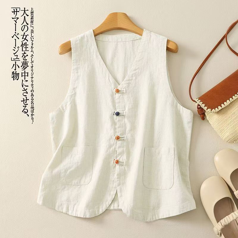 Casual estilo japonés chaleco de lino de verano delgado suelto chaleco de botón de cuello en V simple chaleco protector solar