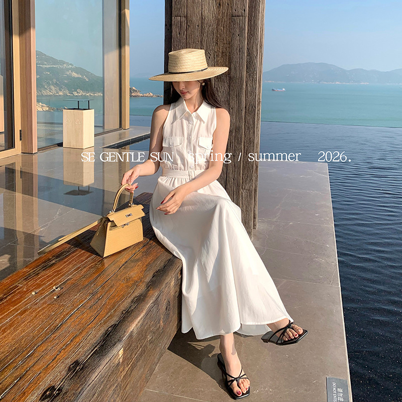 Xiu Xixi Thirteen Lines 2026 Summer White Label Elegant Tencel Linen Sleeveless Shirt Dress High Waist Long Dress 88491 Xiu Xixi Thirteen Lines 2026 Summer White Label Elegant Tencel Linen Sleeveless Shirt Dress High Waist Long Dress 88491