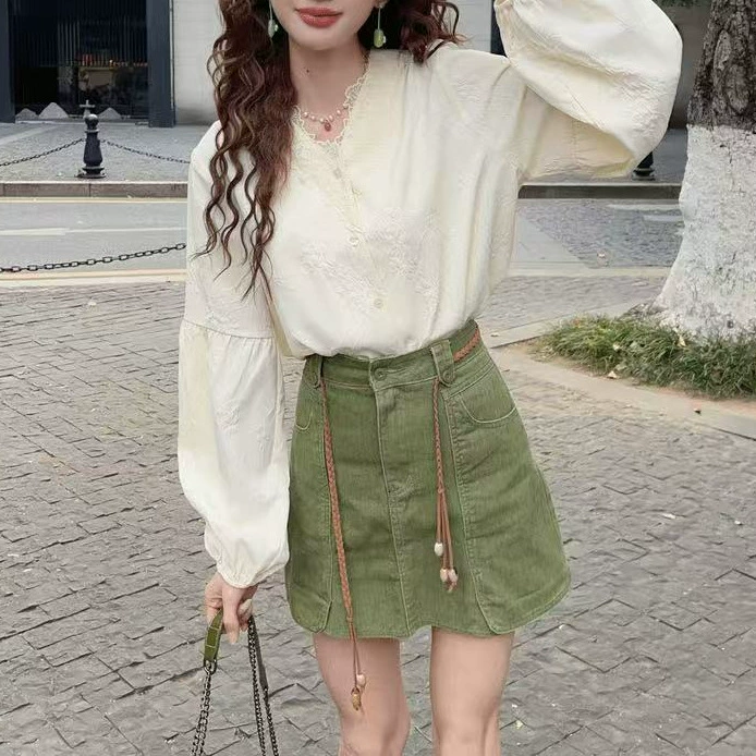 Гонконгский стиль ретро жаккардовая рубашка женская свободная топочка с тонким верхом другие спандекс