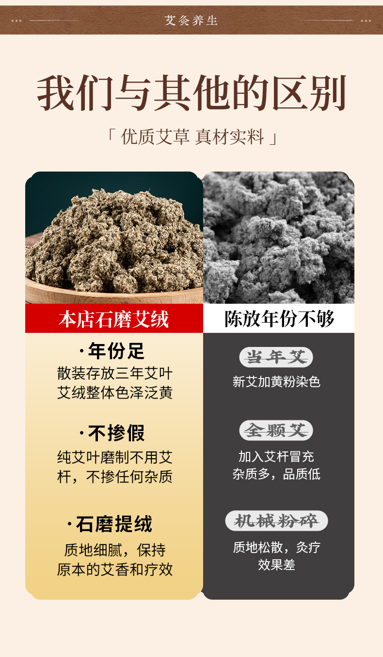 Three Year Aged Moxa Wool Ai Rong Wild Mugwort Floss for Moxibustion 500g Stone Milled specifications