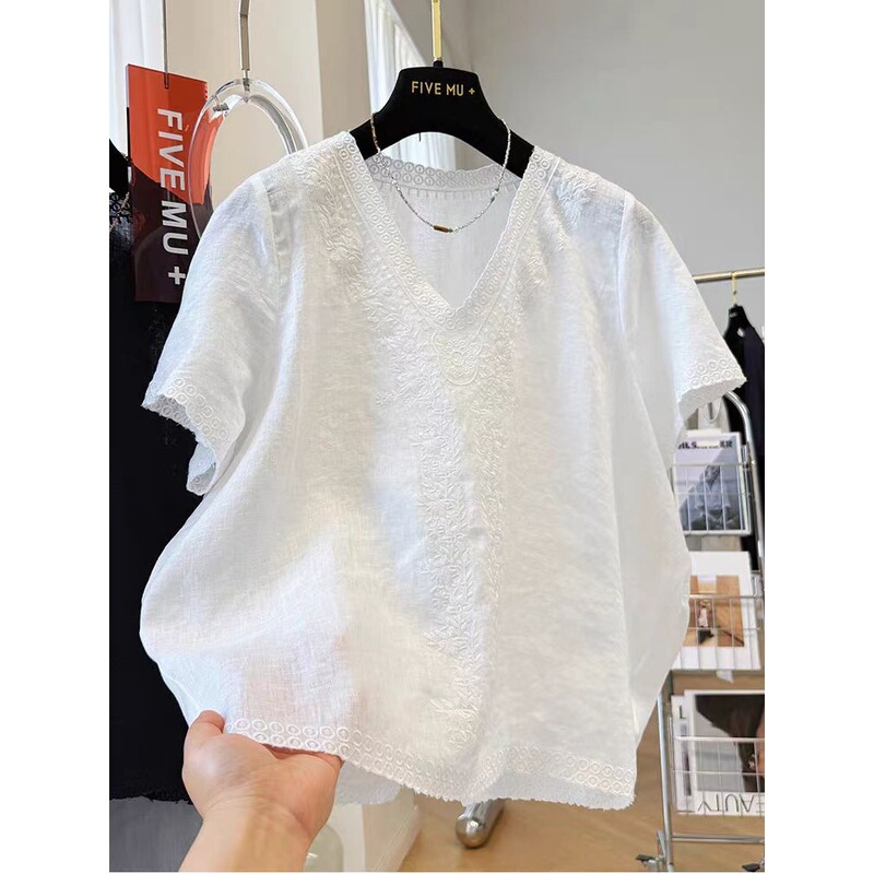 Light Luxury Old Money Style Heavy Embroidery V-Neck Linen Short-Sleeve Blouse for Women, Super Stylish French-Style Top for Summer Light Luxury Old Money Style Heavy Embroidery V-Neck Linen Short-Sleeve Blouse for Women, Super Stylish French-Style Top for Summer