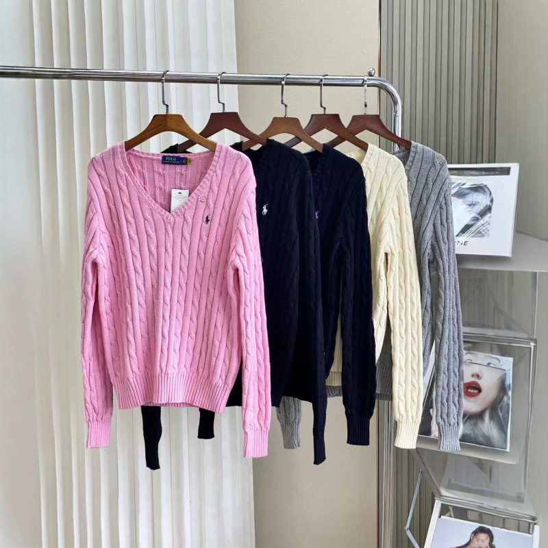 High-quality new RL pony logo V-neck 100% cotton cable knit women's pure cotton sweater High-quality new RL pony logo V-neck 100% cotton cable knit women's pure cotton sweater