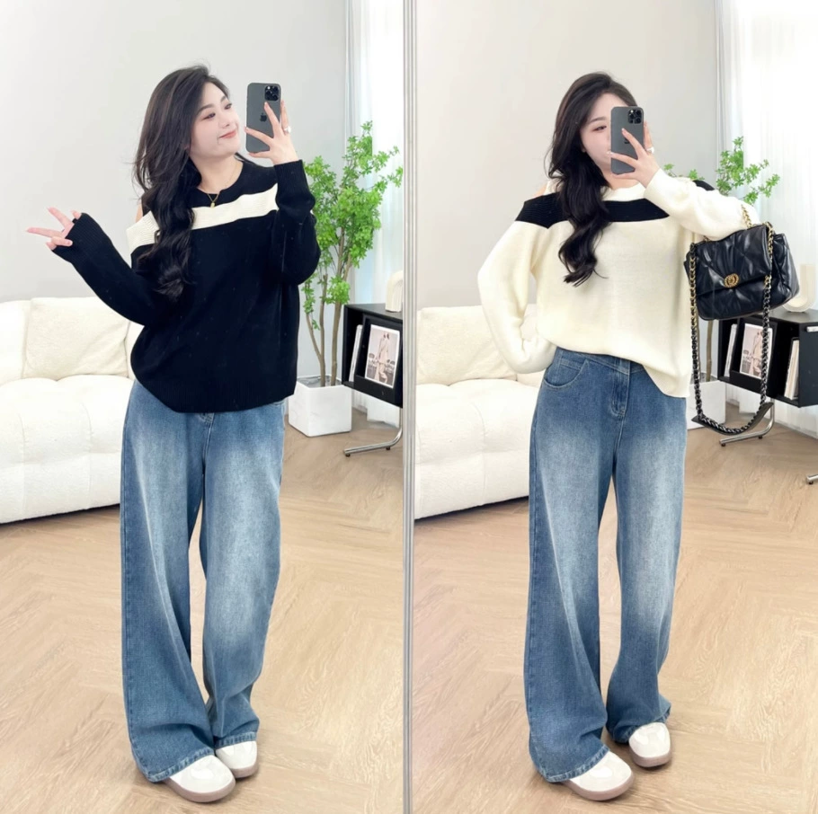 Трикотажный топ Xuanxuan с открытыми плечами для женщин больших размеров, новая модель ранней весны 2025 года, элегантный трикотажный топ в корейском стиле с открытыми плечами.