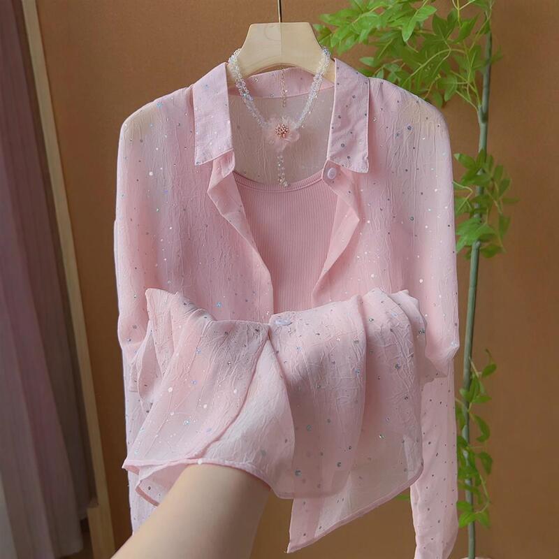 Gold-Stamped Sun-Protective French-Style Sweet Sequin Sun-Protective Thin Shirt for Women, Summer Casual Loose Versatile Pink Shirt