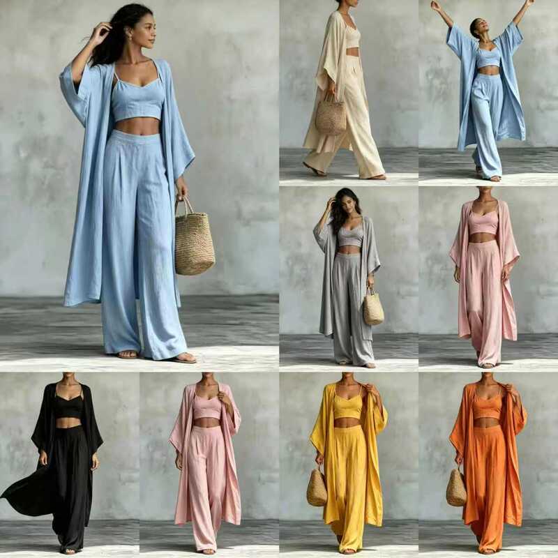 High-End Cotton and Linen Three-Piece Set, Loose Cardigan, Short Suspender Top, High-Waisted Wide-Leg Pants, Women's Summer Outfit, Women's Summer Set High-End Cotton and Linen Three-Piece Set, Loose Cardigan, Short Suspender Top, High-Waisted Wide-Leg Pants, Women's Summer Outfit, Women's Summer Set