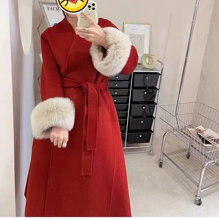 Чистые красные взрывы 2023 новое осенне-зимнее двустороннее шерстяное пальто, длинное Корейская версия свободного повседневного шерстяного пальто в наличии