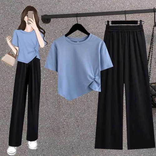 Suit women's fashion small fashion outfit summer irregular short-sleeved T-shirt small fragrance two-piece set women's wholesale