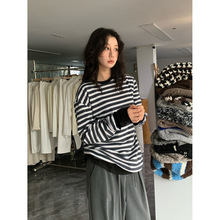 SROOM十三行新品双面穿百搭条纹圆领长袖宽松套头棉质T恤衫上衣女