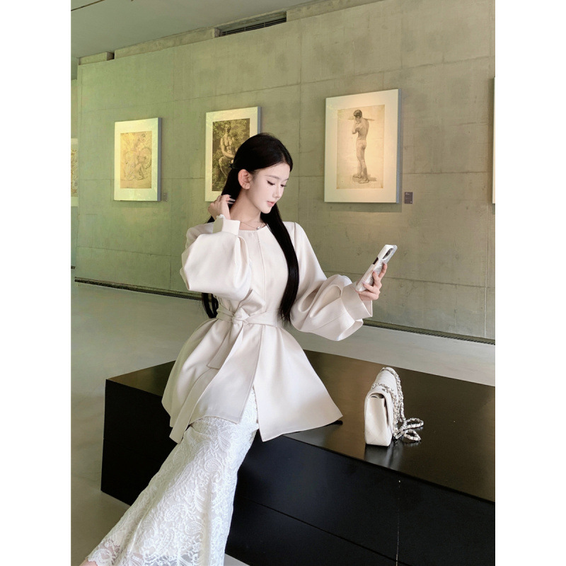 Korean-Style Elegant Design Lantern Sleeve Blazer Dress with Tie-Up Jacket for Women