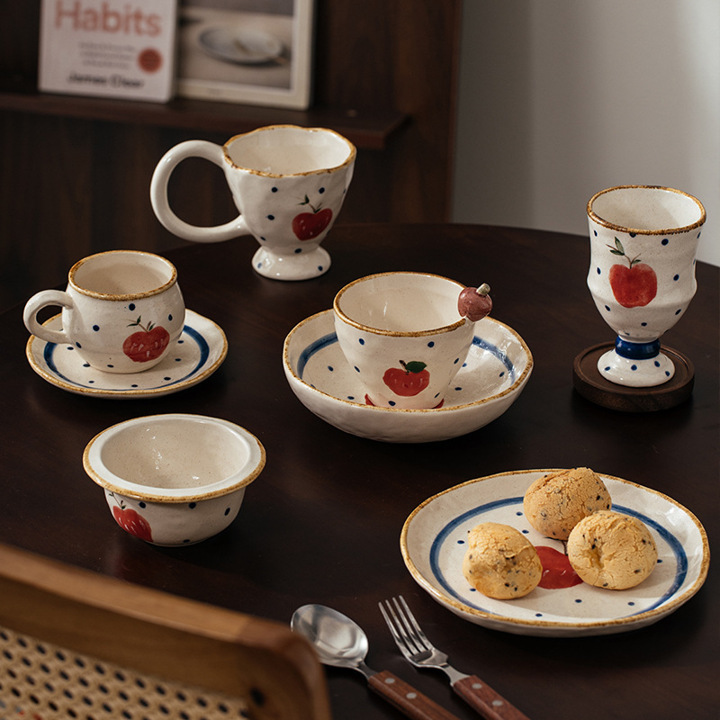 Meijiahui's New Hand-Kneaded Ceramic Coffee Cup and Saucer Set Pastoral Style Red Apple Pattern Mug Tea Cup