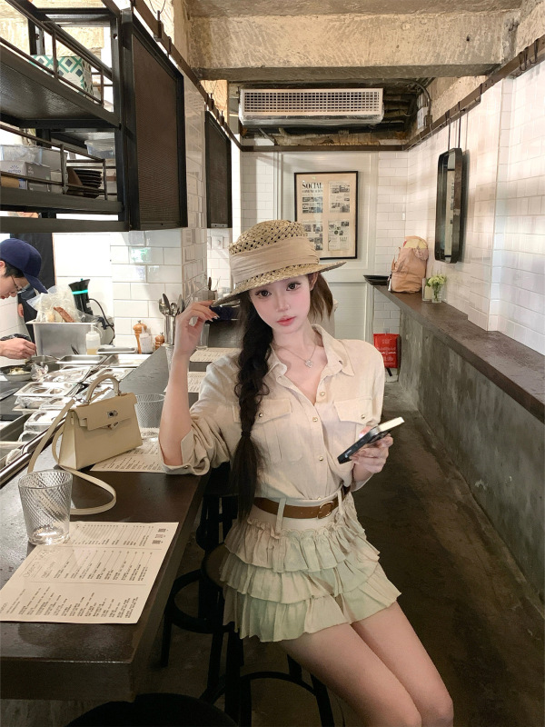 kubiliv松弛holiday法式松弛感亚麻正肩衬衫上衣蛋糕裙两件套|undefined