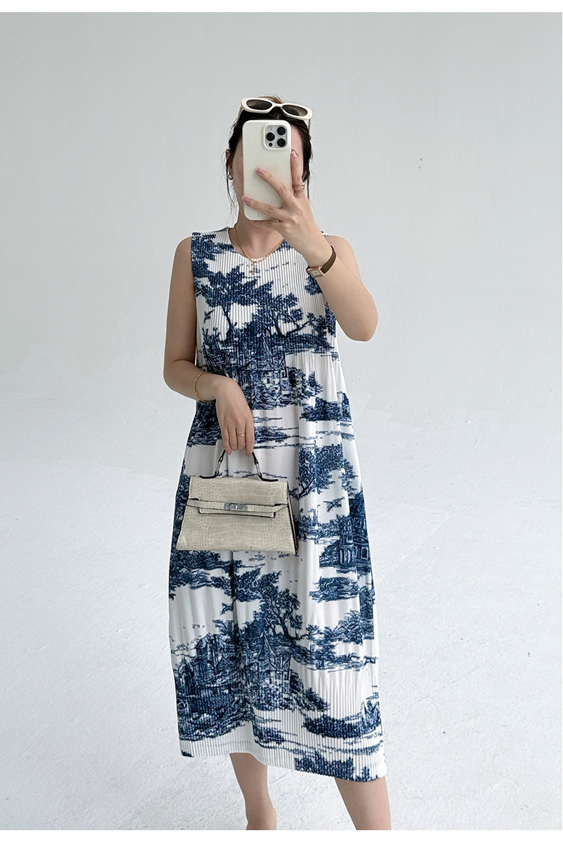 Váy maxi nữ in hoa sứ trắng xanh thắt eo phong cách Trung Quốc — Màu sâm panh chi tiết 13