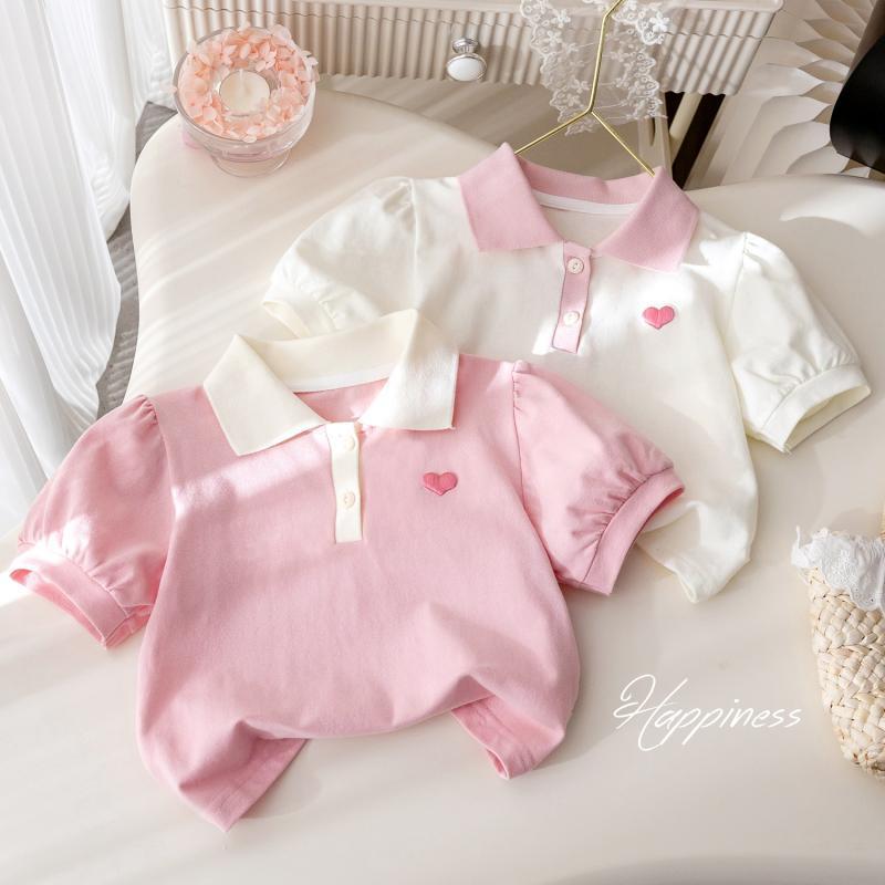 Cross-border girls' Korean style stylish polo shirt, new summer style, heart embroidery, short-sleeved, fashionable baby top