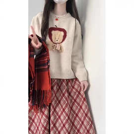 甜美杏色小熊圆领毛衣女小个子穿搭慵懒风宽松套头针织衫秋冬上衣