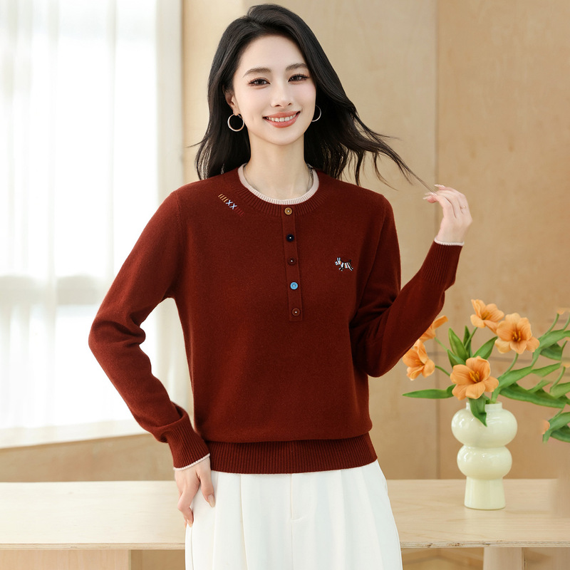 100% Pure Wool Sweater for Women in Autumn and Winter Plus Size Mother's Round Neck Knitted Top Elegant Versatile Cashmere Bottoming Shirt