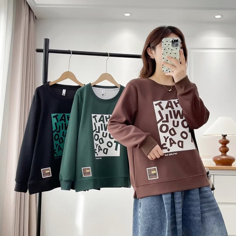 胖MM卫衣200斤大码女秋季新款休闲印花方块字母长袖圆领上衣7919|undefined