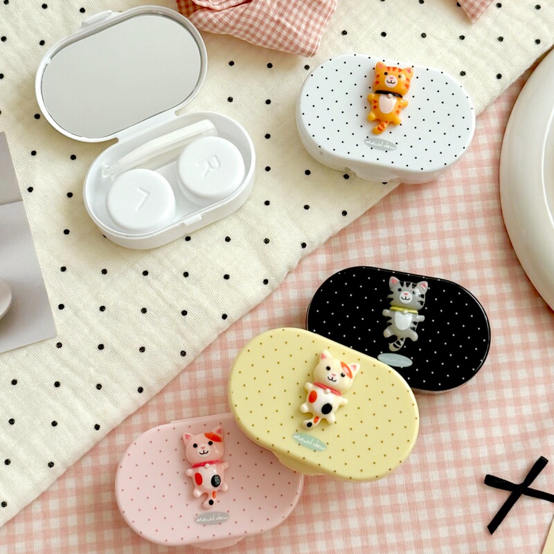 Cute Fish-Shaped Contact Lens Case with Mirror, Simple Beauty Lens Case, Companion Care Box, Polka Dot B128-2 Kitten