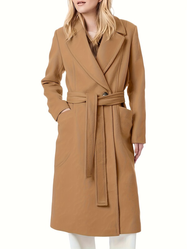 J 59011 V Neck Tie Belt Long Coat Simple V-Neck Woolen Coat Dropshipping
