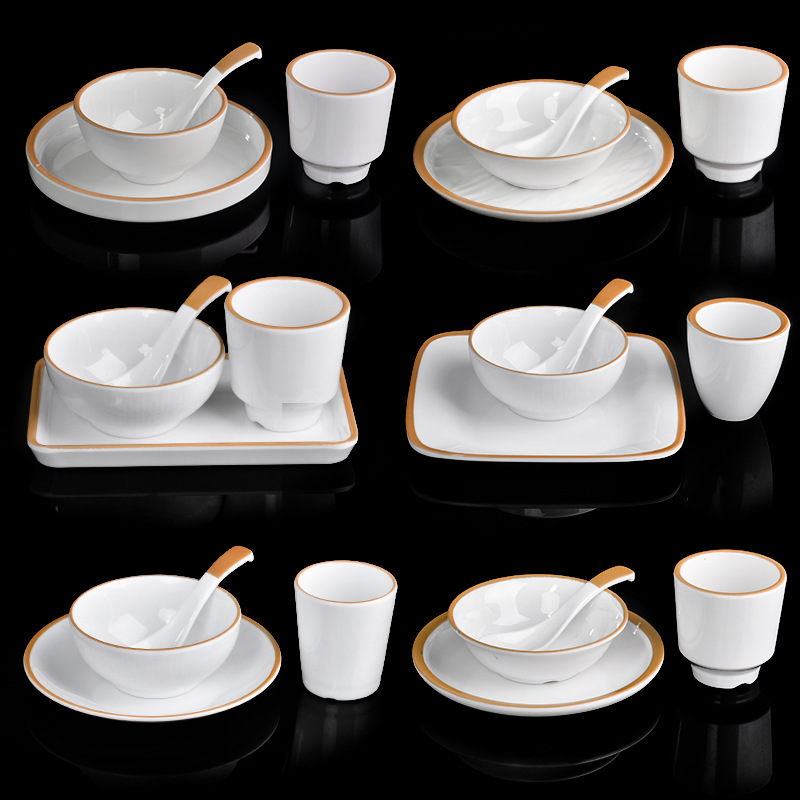 Melamine imitation porcelain hotel tableware four-piece set for restaurants, hot pot restaurants, commercial dishes, cups and spoons combination set