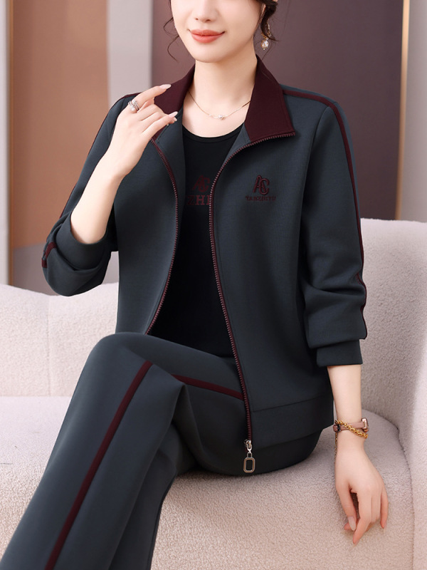 2025春秋新款女装立领拼色休闲套装中老年减龄洋气拉链卫衣三件套|undefined
