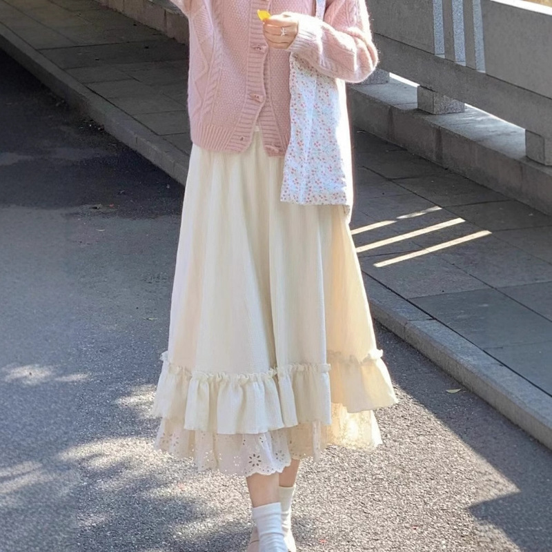 Gentle Style Sweet High Waist Skirt for Women 2024 Autumn and Winter New A-Line Skirt Lace Cake Skirt Petite Long Skirt