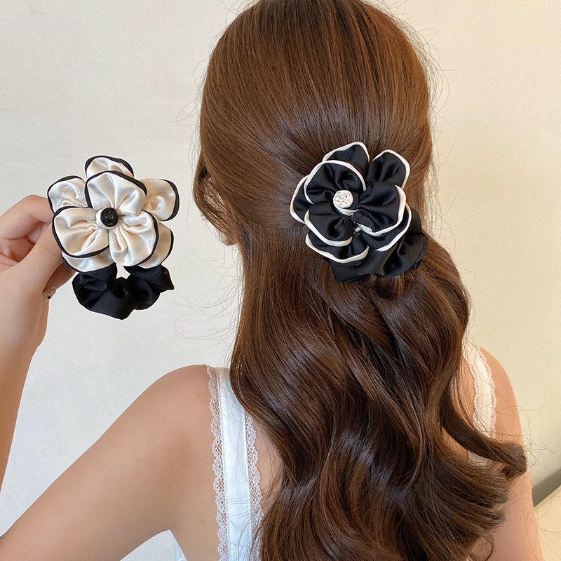 Anillo de cabello de camellia de estilo francés simple satén de alta elástica cuerda de cabello de cola de caballo de correa de correa duradera