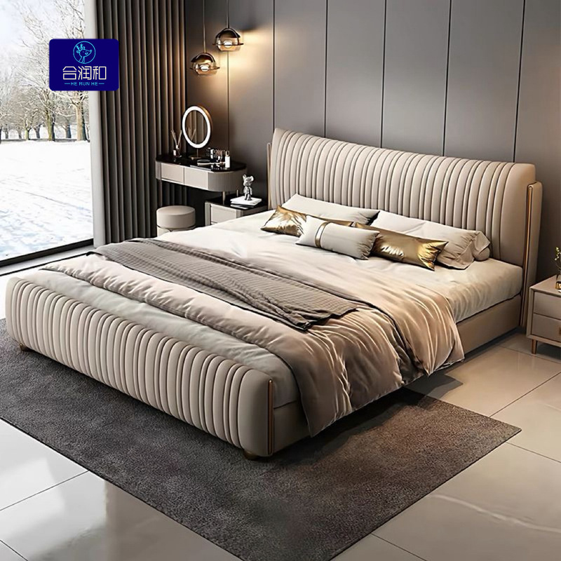 New Modern Minimalist Style Light Luxury Shell Leather Bed for Master Bedroom, Cream Style High-End and Elegant Double Wedding Bed with Soft Upholstery