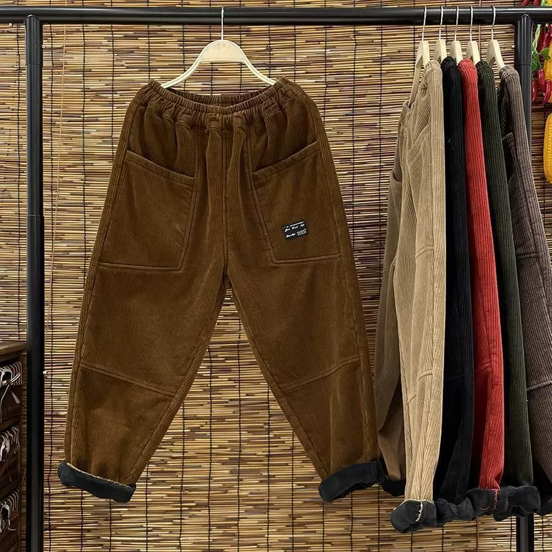 Демисезонные тёплые вельветовые брюки из велюра, oversize, плюс размер