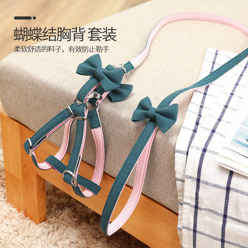 Pet Leash fashion Double color collocation bow Walk the dog Kitty Thoracolumbar band Cotton clip Drawstring Dogs Supplies
