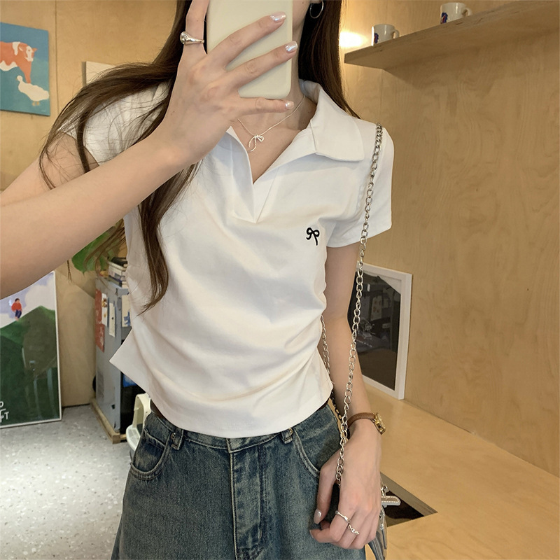 Cotton Polo Collar Shoulder Slim-fit Short T-shirt Women's Short-sleeved Summer New Design Sense Pleated Waist Top Ins