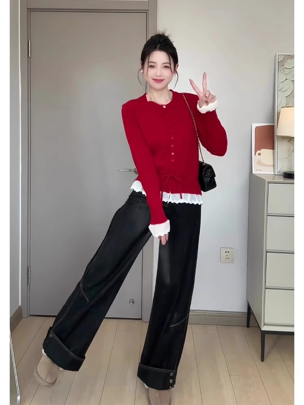 红色针织衫毛衣女秋季新款甜美风设计感荷叶边系带长袖打底衫上衣|undefined