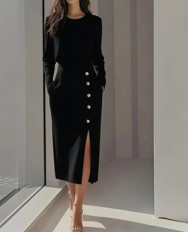 欧美跨境长袖纯色圆领收腰钮扣装饰开叉2025秋季女装连衣裙女|undefined