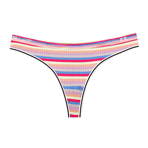 European and American Style Cotton Color Striped Underwear for Women, Rainbow Color Blocking Ribbed G-String Athletic Fitness Breathable Bikini Brief