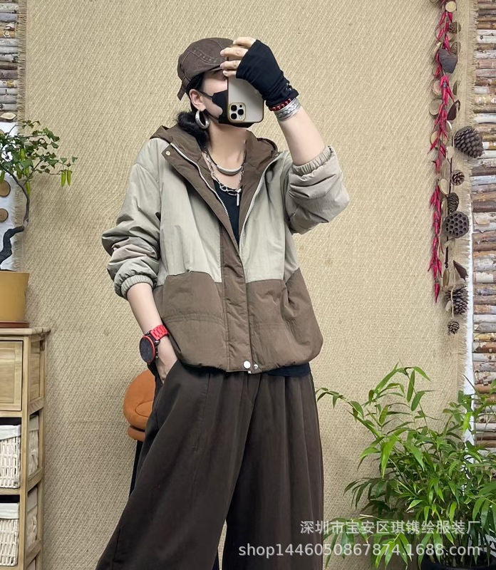 琪镌绘制棉服女冬季新款棉衣韩版宽松连帽拼接松紧袖口小棉袄外套|undefined