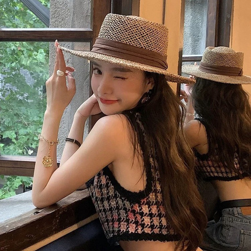 2025 French flat-topped straw hat for women, large head circumference, beach sand, party hat, woven sun hat, summer