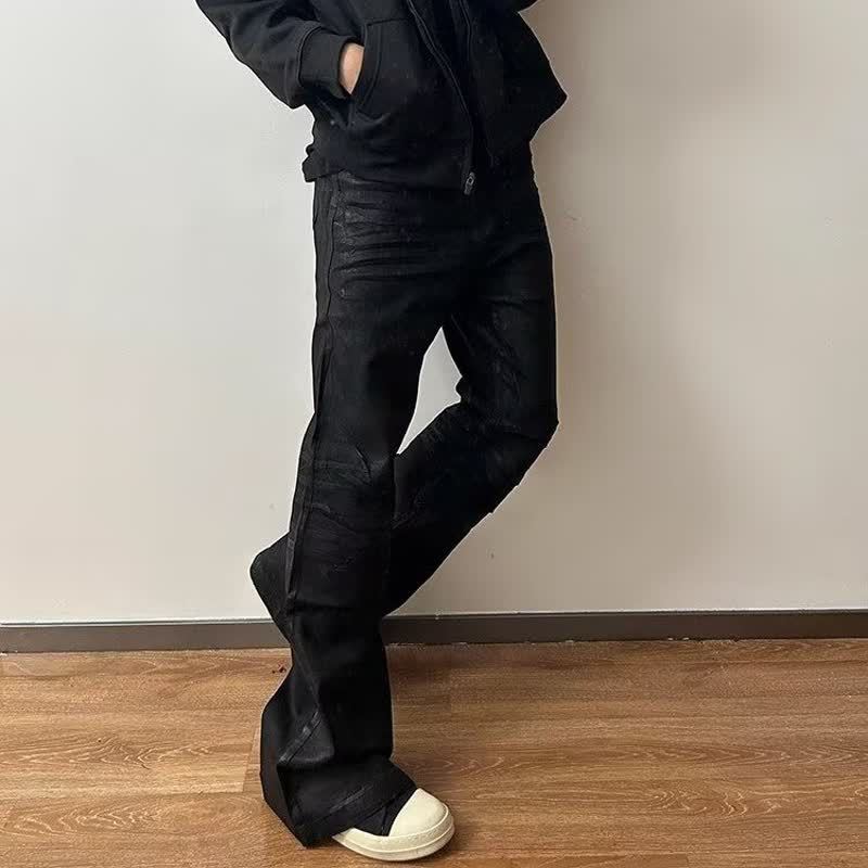 American Vibe Style Coated Waxed Motorcycle Armor Spliced Pleated Jeans Silhouette Wide-Leg Casual Pants Men's Trendy