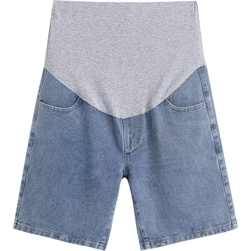 Maternity denim shorts, belly support panel, loose oversized fit