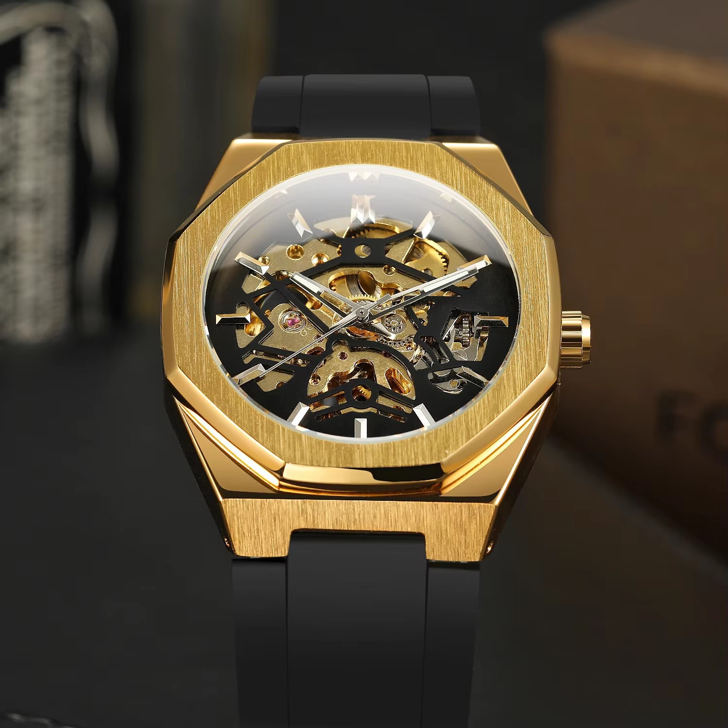Men's Mechanical Skeleton Watch Silver Automatic Rubber Strap_voghion.com