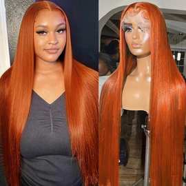前蕾丝假发 橘色蕾丝直发human hair wigs straight头套一件代发