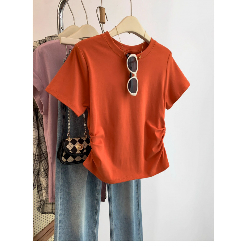 Live high quality Orange Shoulder Waist Slim-fit Short-sleeved T-shirt Women's Summer Top Live high quality Orange Shoulder Waist Slim-fit Short-sleeved T-shirt Women's Summer Top