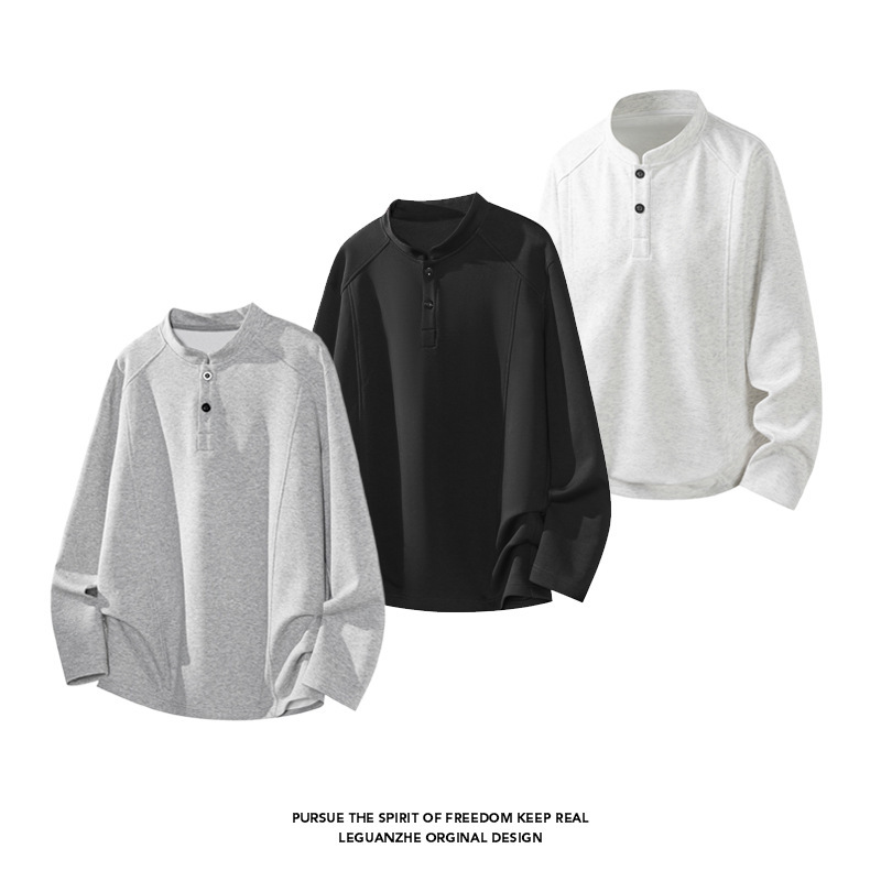 Huamian Long-Sleeve T-Shirt with Deconstructed Segmented Henry Collar, Unisex Autumn American-Style Cleanfit High-End Polo Shirt Huamian Long-Sleeve T-Shirt with Deconstructed Segmented Henry Collar, Unisex Autumn American-Style Cleanfit High-End Polo Shirt