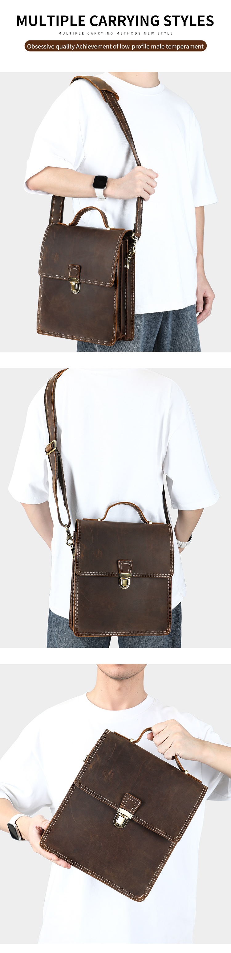 Túi đeo chéo da bò lớp đầu tiên phong cách retro cho doanh nhân, chất da ngựa điên cao cấp, kích thước 25×9×29 cm — cà phê, 25cm*9cm*29cm chi tiết 15