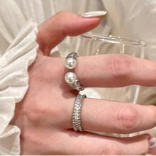 麻花双珍珠开口戒指女小众设计排钻食指戒轻奢气质高级感叠戴指环